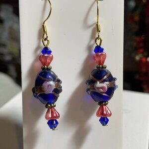 Artisan Handmade Wedding Cake Glass Blue Pink Beaded Pierced Earrings 2” NEW